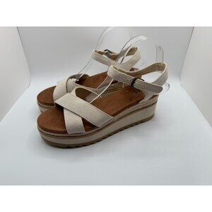 Toms Platform Wedge Sandals Women Size 10 Cream Chambray Canvas Comfort Shoes